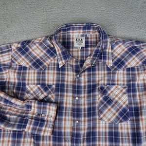 Ely Cattleman Blue and Orange Plaid Casual Button Down Shirt